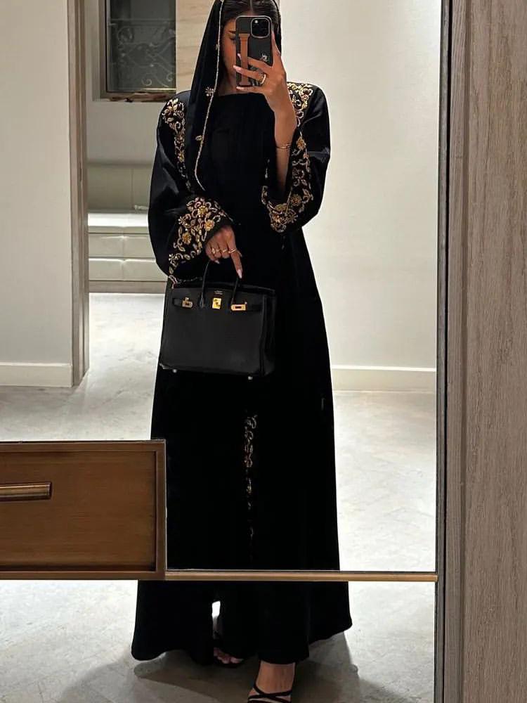 Black & Gold Royal Embroidered Abaya – Evening Luxe Edition