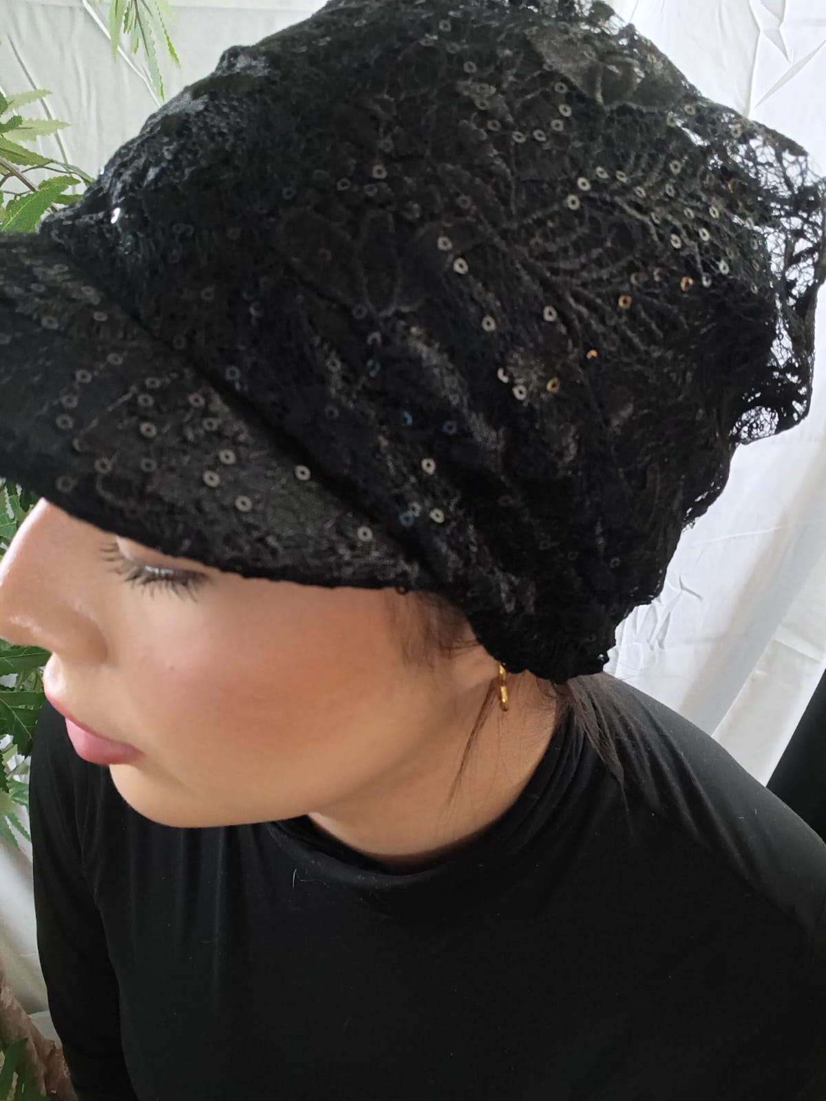 Midnight Sparkle Lace Cap/Turban- Black Sequin Edition