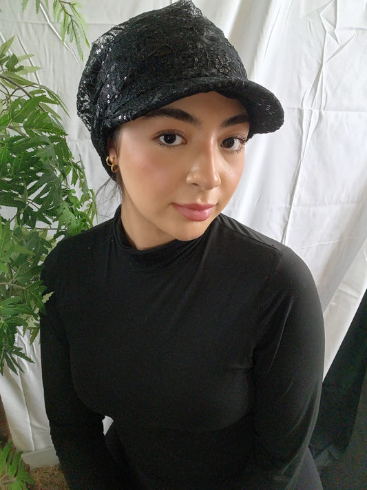 Midnight Sparkle Lace Cap/Turban- Black Sequin Edition
