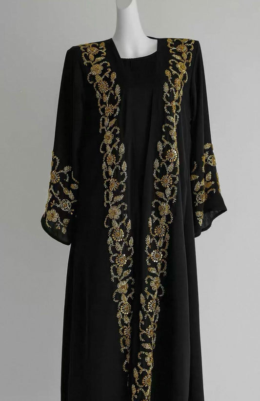 Black & Gold Royal Embroidered Abaya – Evening Luxe Edition