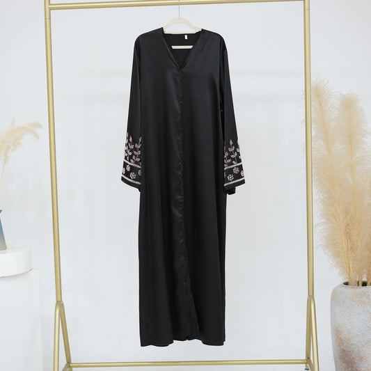 Classic Satin Abaya – Rose Gold Embroidery